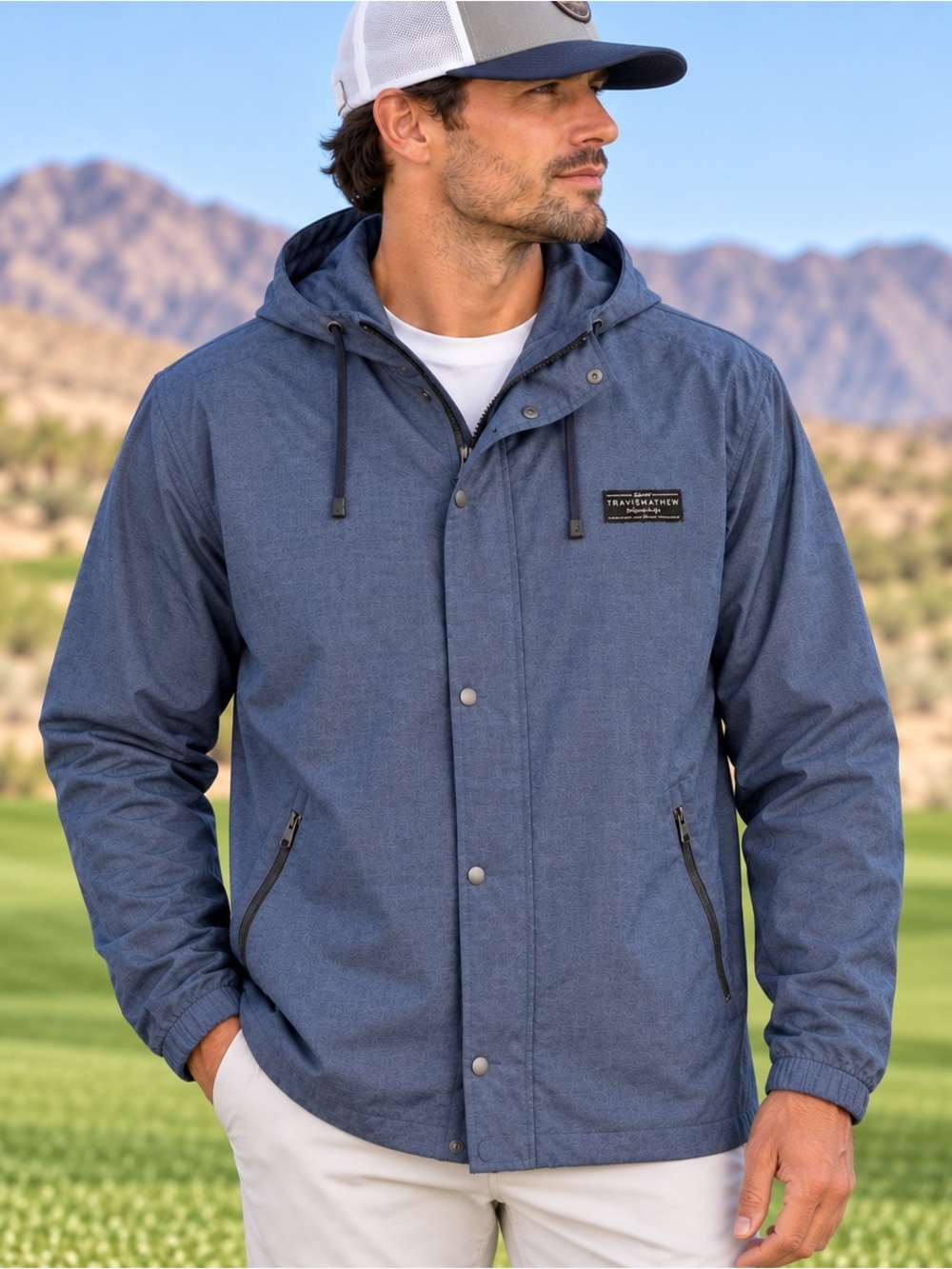 TravisMathew Tequila Tempo Hooded Golf Lightweight Jacket Blue Gray M